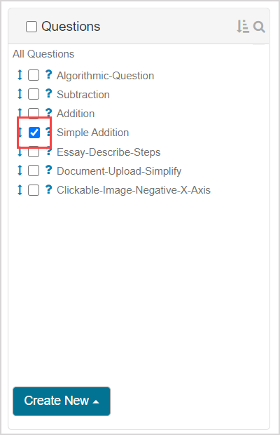 List of items with question icons and checkboxes under Questions pane. One checkbox for an item in the list is checked.